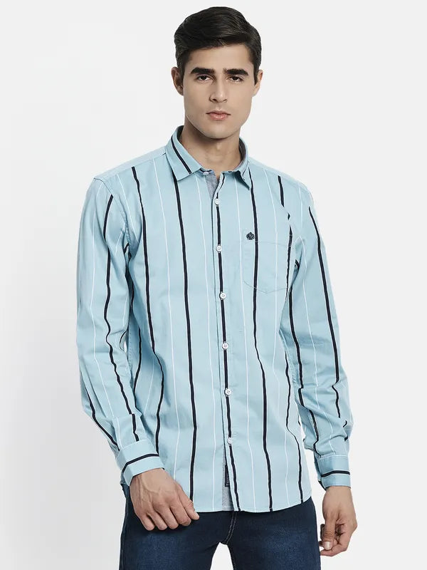 Men Blue Striped Cotton Full Sleeve Casual Shirt Online Hot Sale