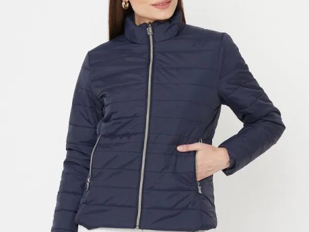 Mettle Women Navy Blue Full Sleeve Padded Jacket Cheap