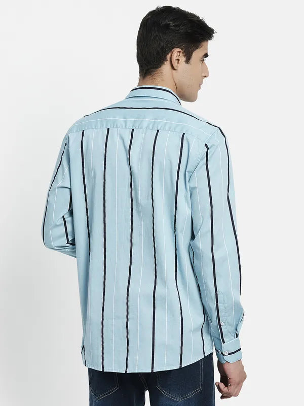 Men Blue Striped Cotton Full Sleeve Casual Shirt Online Hot Sale