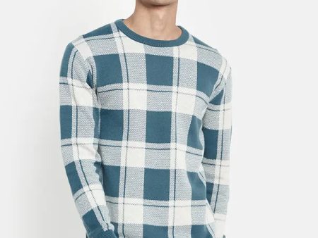 Men Blue White Checked Knitted Cotton Pullover Fashion