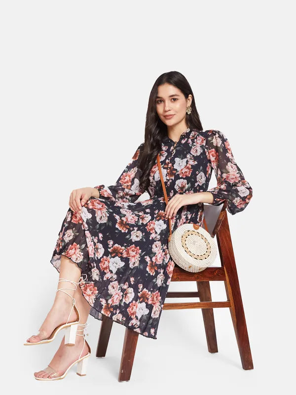 Mettle Floral Printed Cotton Fit  Flare Dress Fashion