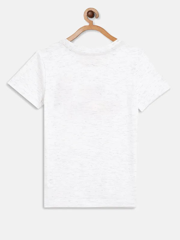 White Melange Graphic Round Neck For Sale