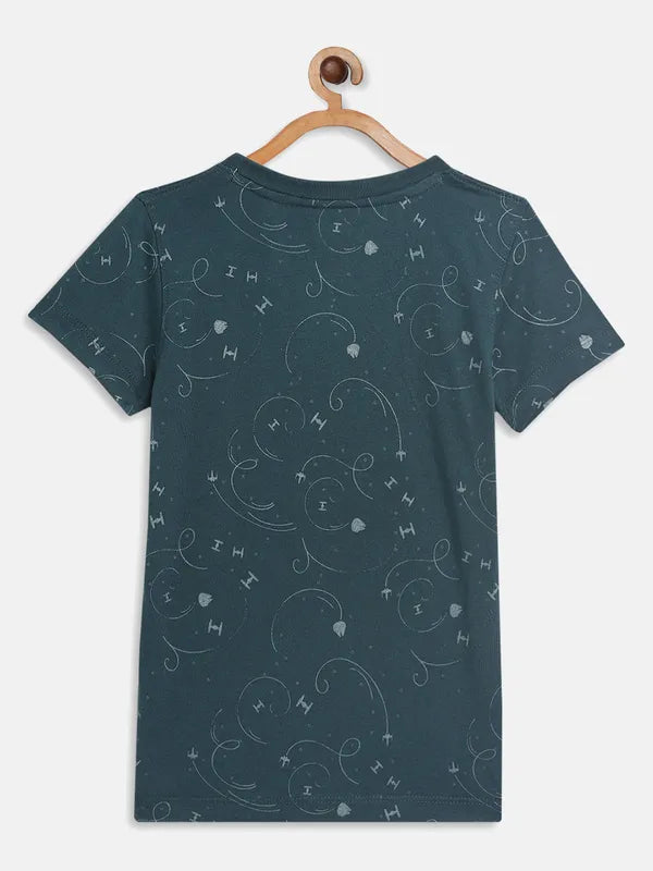 Teal Graphic Round Neck For Cheap