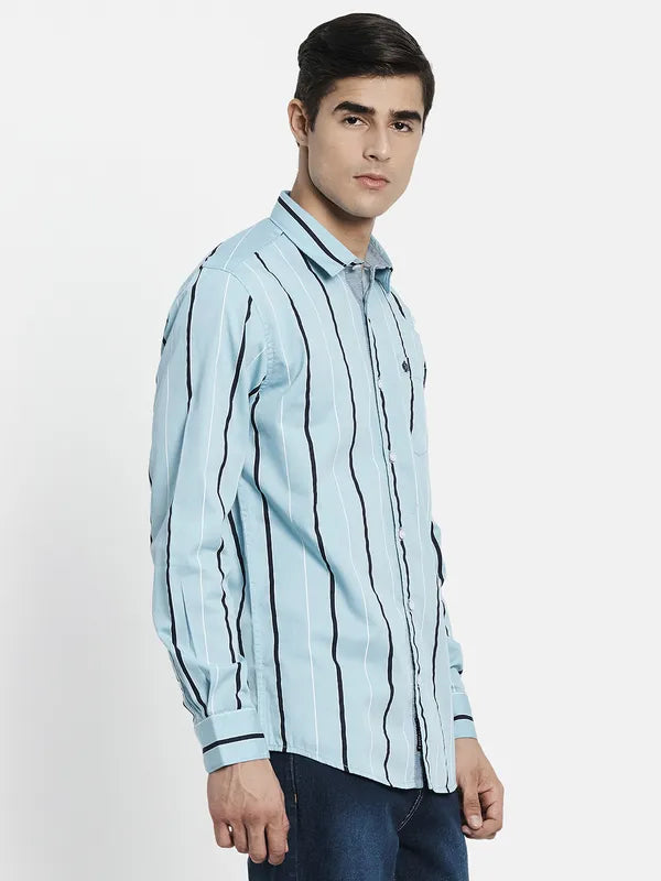 Men Blue Striped Cotton Full Sleeve Casual Shirt Online Hot Sale